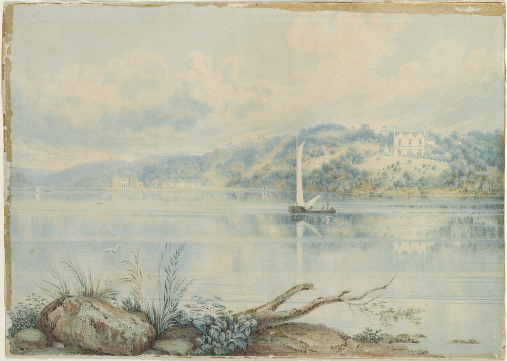 Watercolour view of Carthona and Lindesay at Darling Point as seen from Clark Island, c. 1844.